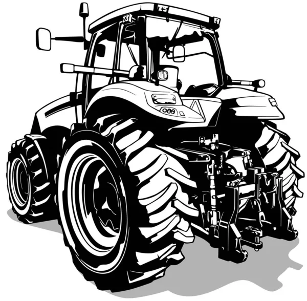 Dessin Tracteur Agricole Vue Arrière Illustration Noire Isolée Sur Fond — Image vectorielle