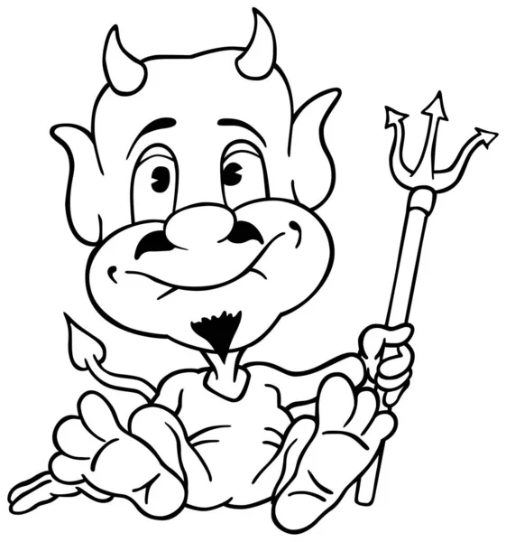 Drawing Sitting Devil Trident His Hand Cartoon Illustration Isolated White — ストックベクタ