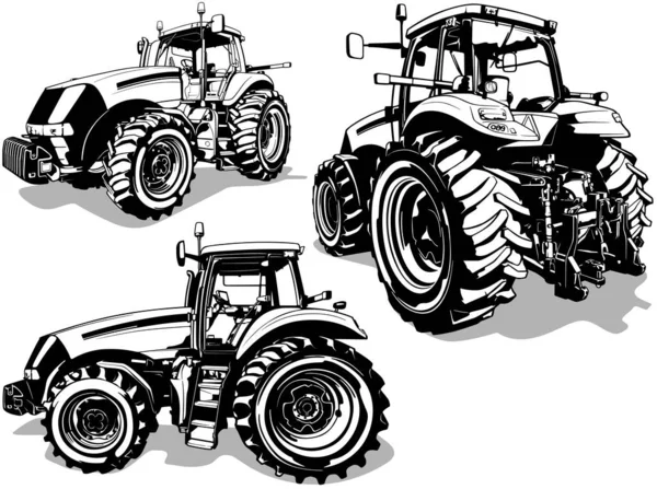 Sada Výkresů Farmářským Traktorem Různých Pohledů Černé Ilustrace Izolované Bílém — Stockový vektor