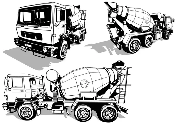 Set Drawings Concrete Mixer Truck Different Views Black Illustrations Isolated — Vettoriale Stock