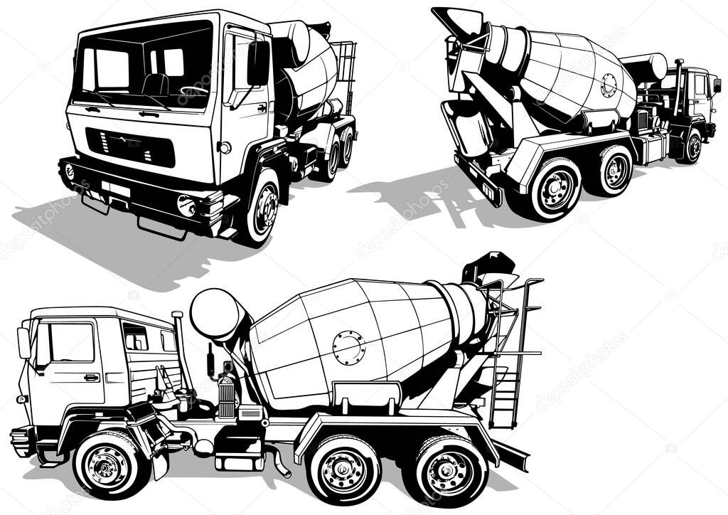 Set of Drawings with Concrete Mixer Truck from Different Views - Black Illustrations Isolated on White Background, Vector