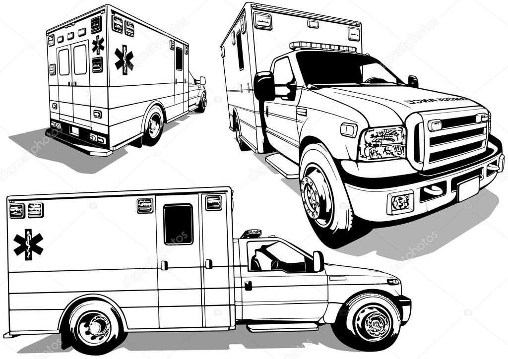 Set of Drawings with US Ambulance from Different Views - Black Illustrations Isolated on White Background, Vector