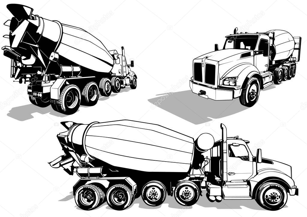 Set of Drawings with US Concrete Mixer Truck from Different Views - Black Illustrations Isolated on White Background, Vector