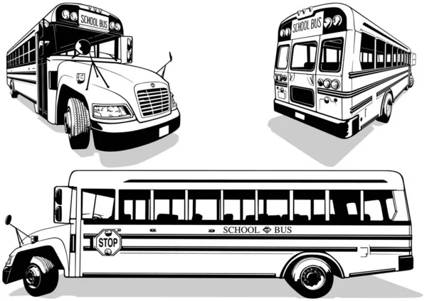 一套不同观点的学校校车图画 基于白人背景的黑白图解 — 图库矢量图片