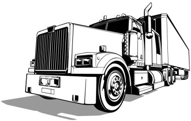 Drawing of an American Truck with a Trailer - Black Illustration Isolated on White Background, Vector clipart