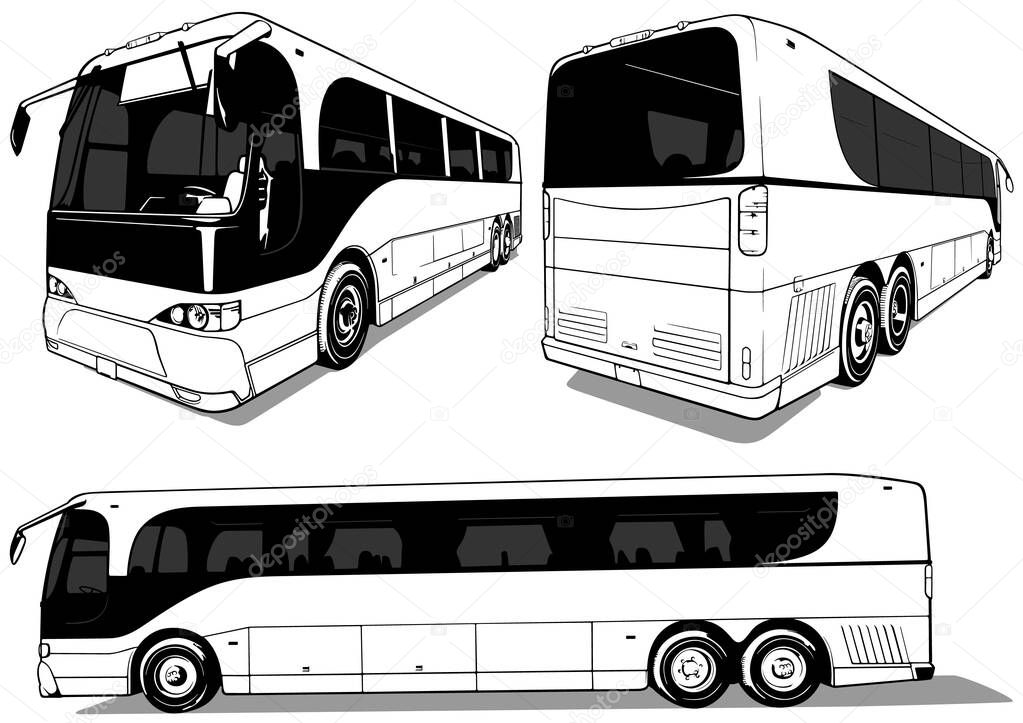 Set of Drawings with City Bus from Different Views - Black Illustrations Isolated on White Background, Vector