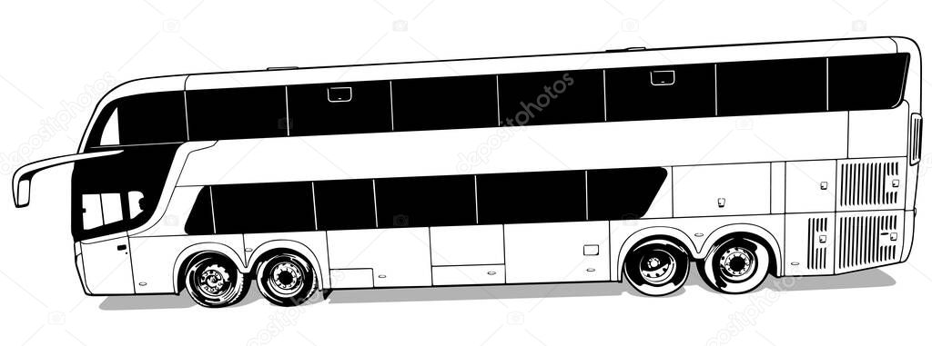 Drawing of a Luxury Long-distance Bus from the Side View - Black Illustration Isolated on White Background, Vector
