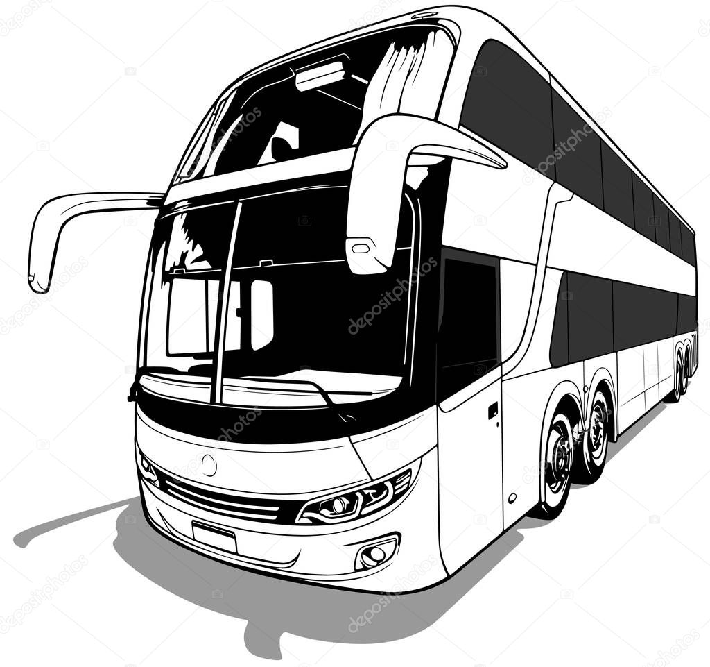 Drawing of a Luxury Long-distance Bus from the Front View - Black Illustration Isolated on White Background, Vector