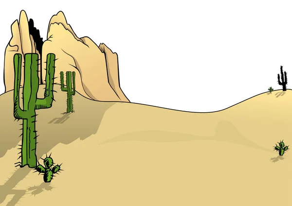 背景にサボテンと砂岩の岩とサンディ砂漠 カラー漫画のイラスト白の背景に隔離され ベクトル — ストックベクタ