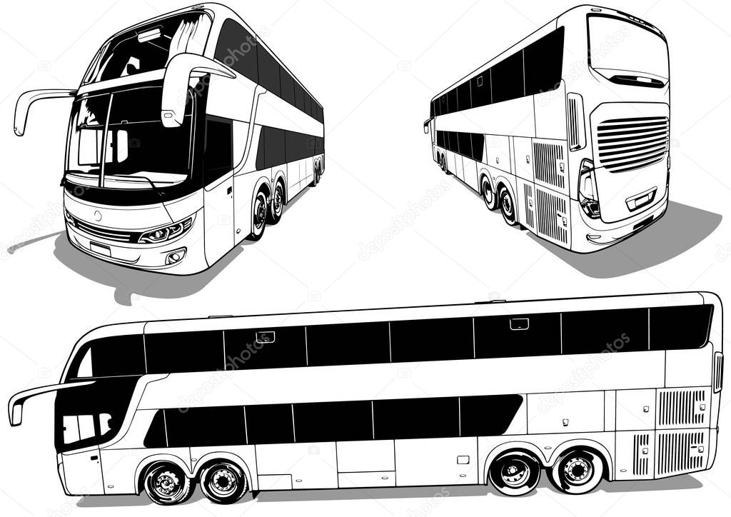 Set of Drawings of a Luxury Long-distance Bus from Three Views - Black Illustrations Isolated on White Background, Vector