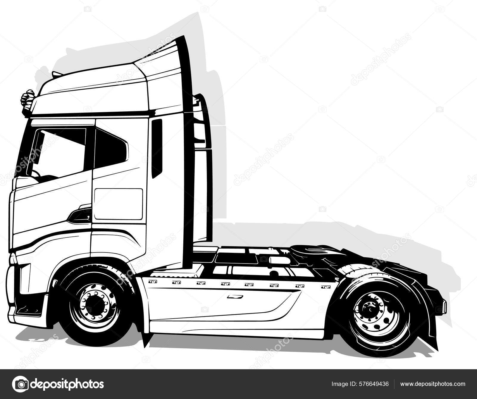 Um desenho preto e branco de um caminhão.
