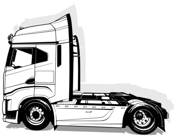 Zeichnung Eines Europäischen Lastwagens Aus Der Seitenansicht Schwarze Illustration Auf — Stockvektor