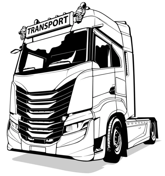 Disegno Camion Europeo Dalla Vista Frontale Illustrazione Nera Isolata Sfondo — Vettoriale Stock