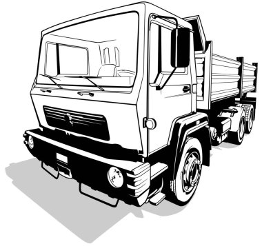 Drawing of a Dump Truck with a Shadow on the Ground - Black Illustration Isolated on White Background, Vector