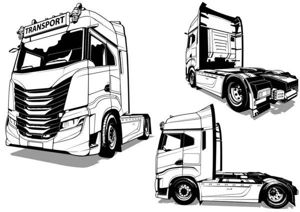 Zestaw Rysunków Europejskiej Włoskiej Ciężarówki Różnych Poglądów Czarna Ilustracja Izolowana — Wektor stockowy