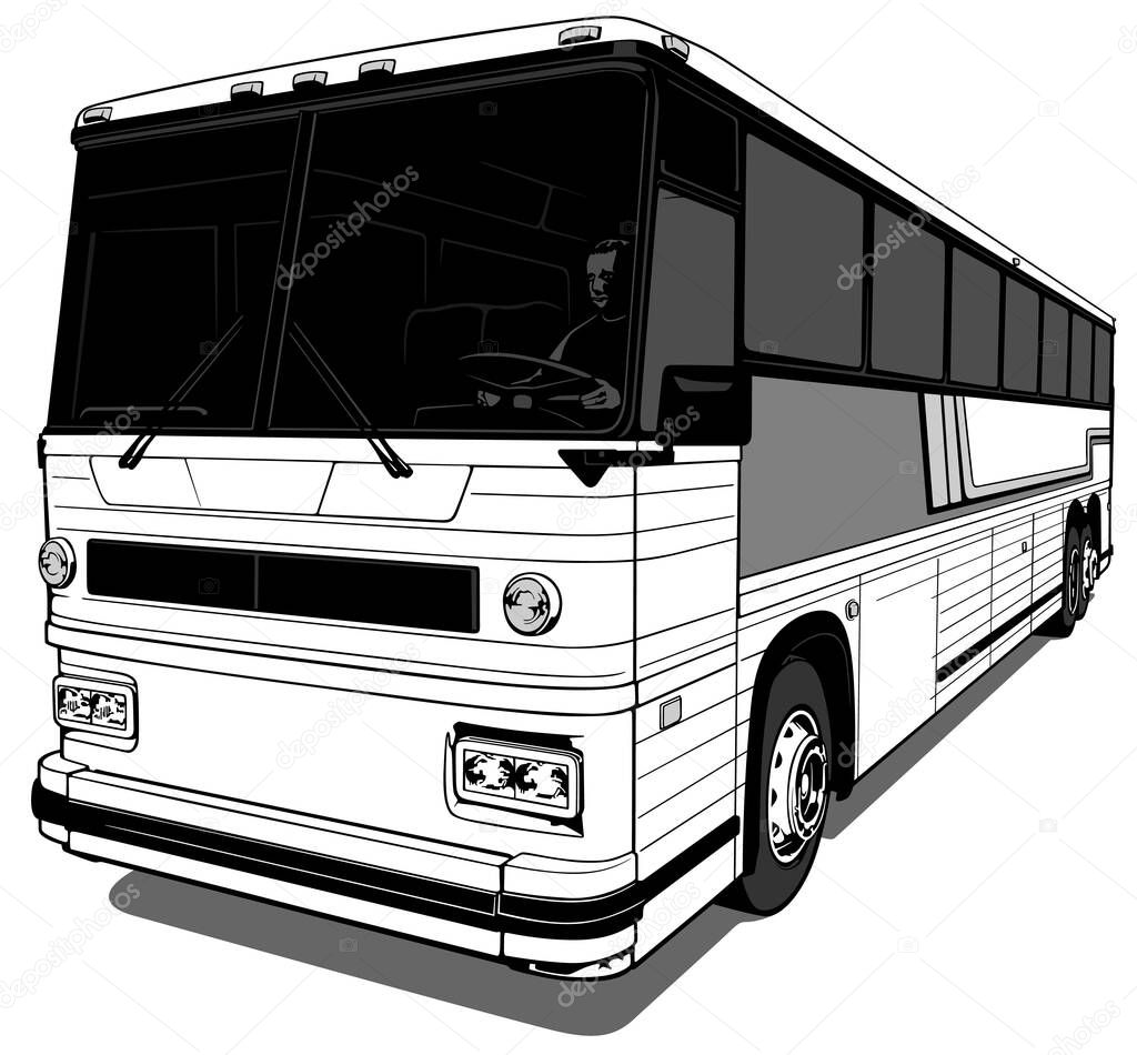 Drawing of an American Bus from the Front View - Black Illustration Isolated on White Background, Vector