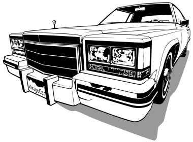 Drawing of a Classic American Vintage Luxury Car - Black and White Illustration Isolated on White Background, Vector