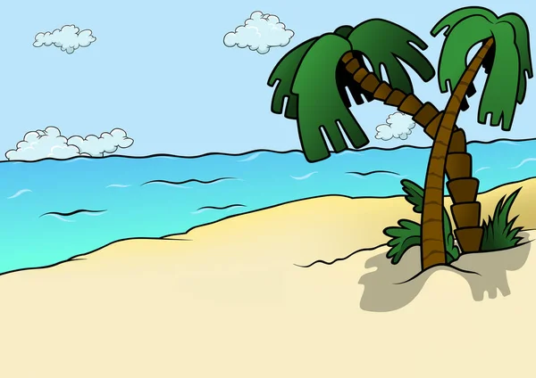 Sandy Coast Beach Palm Trees Sea Colored Cartoon Illustration Background — Vetor de Stock