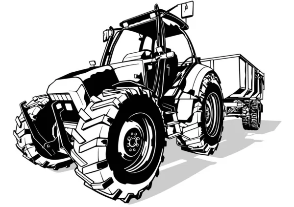 Dibujo Tractor Agrícola Con Remolque Ilustración Negra Aislada Sobre Fondo — Vector de stock