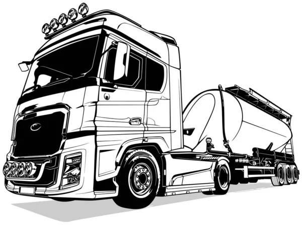 タンクトレーラー付きトラックの描画 白の背景に隔離されたブラックイラスト ベクトル — ストックベクタ