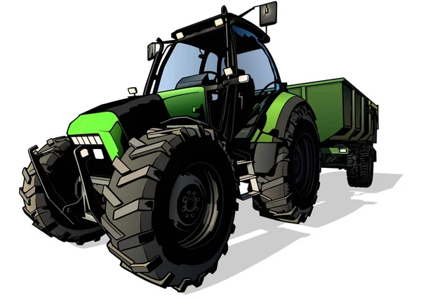 Zelený Zemědělský Traktor Přívěsem Barevné Ilustrace Izolované Bílém Pozadí Vektor — Stockový vektor