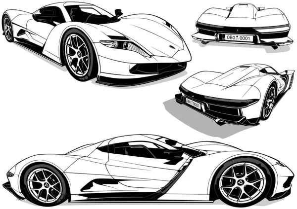 Luxus Sportwagen Zeichnungen Aus Vier Ansichten Vier Schwarze Illustrationen Auf — Stockvektor