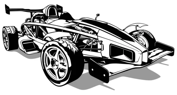 フロントビューからのフォーミュラ1デザインにおけるスポーツカーの図面 ブラックイラスト白の背景に隔離された ベクトル — ストックベクタ