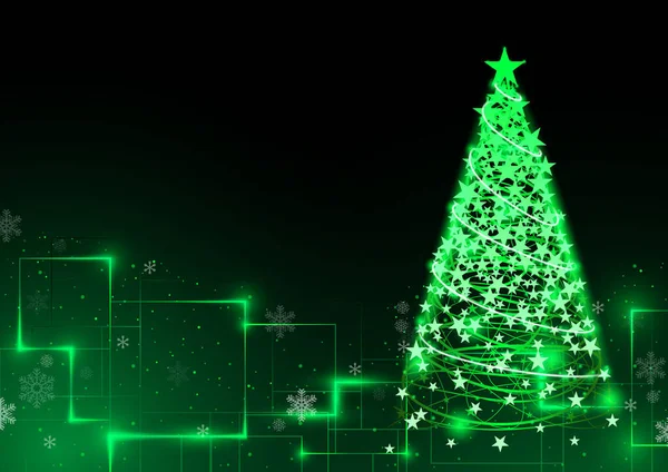 Abstract Groene Kerstboom Tech Achtergrond Met Neon Lichteffecten Gekleurde Illustratie — Stockvector