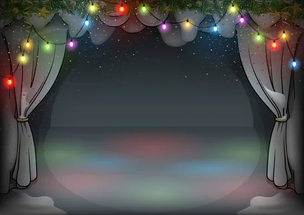 Kış Karlı Tiyatro Sahnesi Noel Işıkları Dekorasyonları Renkli Çizgi Film — Stok Vektör