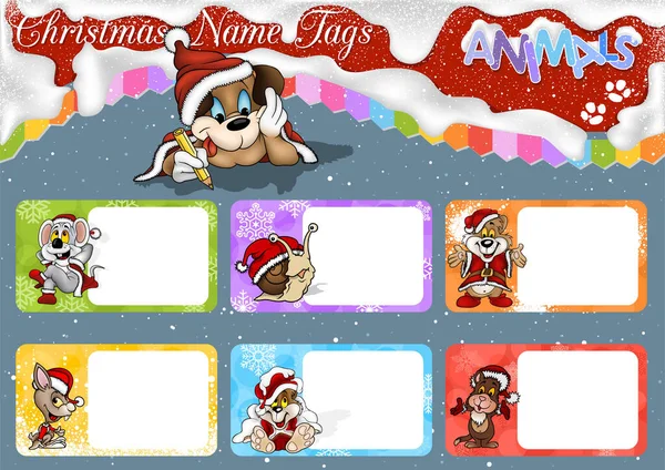 Set Etiquetas Nombre Navidad Con Animales Lindos Traje Papá Noel — Vector de stock
