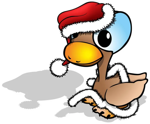 圣诞老人礼服中的大蓝眼睛可爱的布朗鸭 基于白色背景的彩色卡通画图 — 图库矢量图片