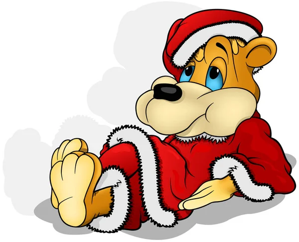 サンタクロースの衣装で地面に横たわっている彼の肘にテディベアのリース カラー漫画のイラスト白の背景に隔離された ベクトル — ストックベクタ