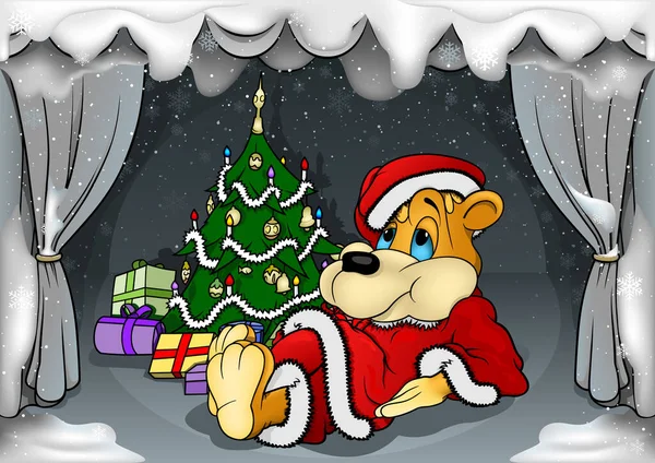 Cartoon Christmas Greeting Card Snow Covered Theater Stage Lying Teddy 스톡 벡터
