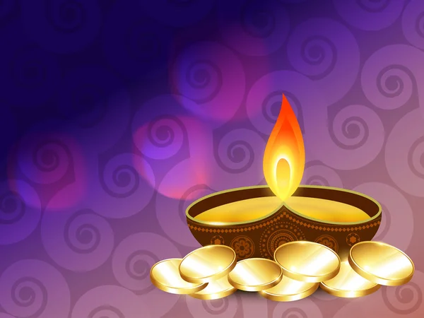 Diwali diya med guldmynt — Stock vektor