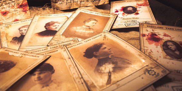 Jack the Ripper victims, London Scotland Yard, 1888. The killer murdered 12 women. Pictures with blood - a dark crime from the Victorian time.