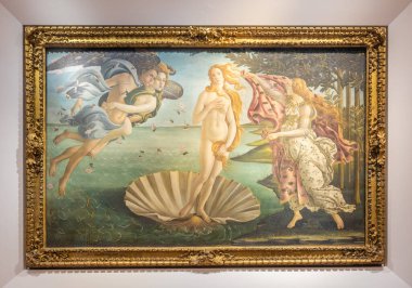 Floransa, İtalya - Temmuz 2021 dolaylarında. Alessandro Botticelli - Venüs 'ün Doğuşu, 1485. Uffizi Müzesinde Rönesans Sanatı