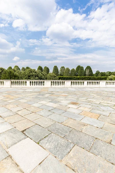 Extérieur Avec Vieux Plancher Gris Pierre Pavé Texturé Vintage Ciel — Photo