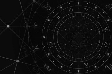 Zodyak işaretli ve sembollü astrolojik altyapı - siyah