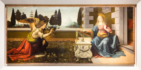 Florencja Włochy Około Czerwca 2021 Leonardo Vinci Zwiastowanie 1475 Olej — Zdjęcie stockowe