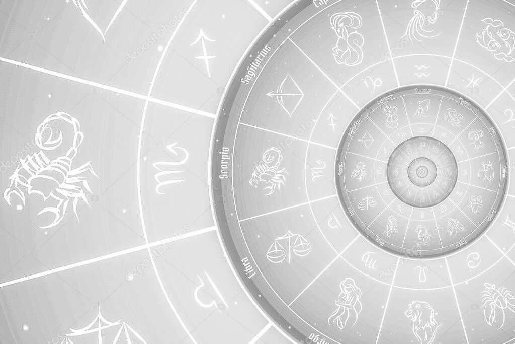 Astrological background with zodiac signs and symbol - white