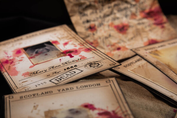 Jack the Ripper victims, London Scotland Yard, 1888. The killer murdered 12 women. Pictures with blood - a dark crime from the Victorian time.