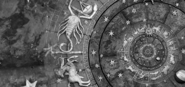 Zodyak işaretli ve sembollü astrolojik altyapı - siyah