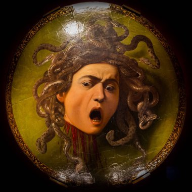 Florence, Italya - Ağustos 2021: Medusa by Caravaggio, ca 1598 - Petrol üzeri tuval