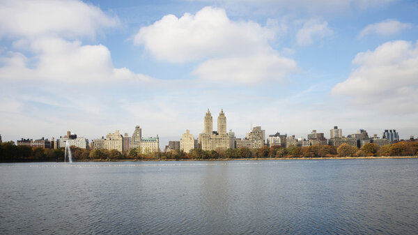 The Eldorado Building on the Upper West Side of New York City, seen across Jacqueline Kennedy Onassis Reservoir in Central Park.