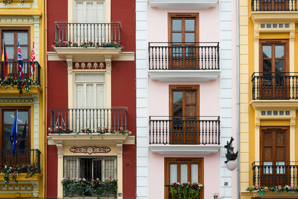 Colorful balconies by the Central Market in Valencia, Spain.