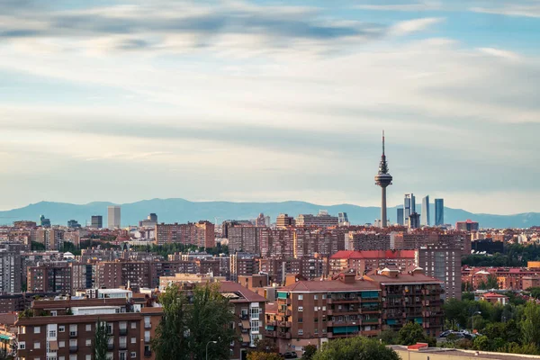 Skyline Madrid Dusk Seen Cerro Del Tio Pio Tower Skyscrapers — Stock Photo, Image