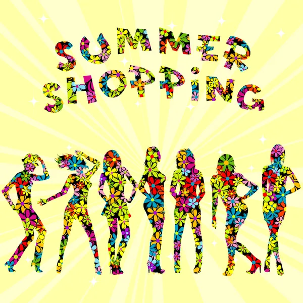 Sommar shopping reklam med blommor mönstrade kvinnor silhoue — Stockfoto
