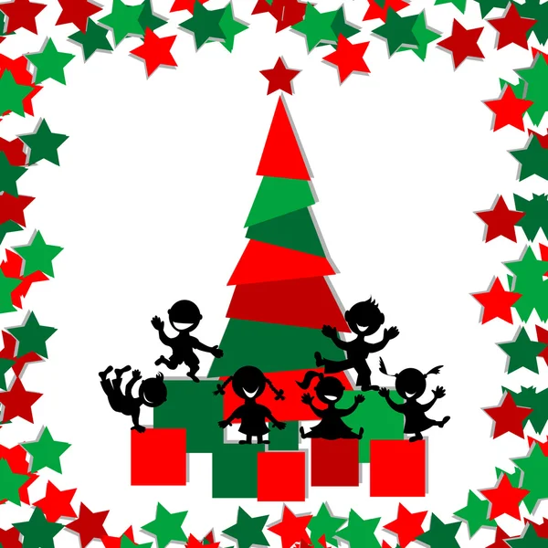 Christmas card with kids playing around a Christmas tree — Stock Photo, Image