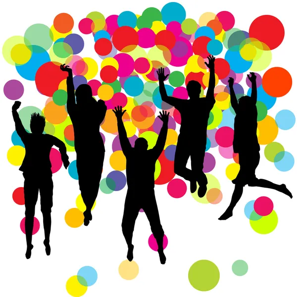 Happy boys and girls jumping over colored balls background — Stock Photo, Image