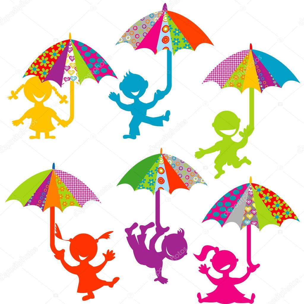 Sfondo con bambini che giocano con ombrelloni colorati — Foto Stock